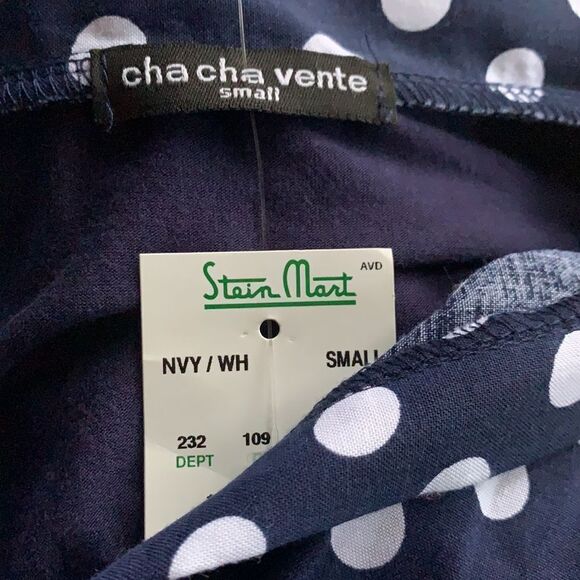 Cha Cha Vente navy and white polka dot solid back tie button front top, NWT, S - Picture 6 of 6